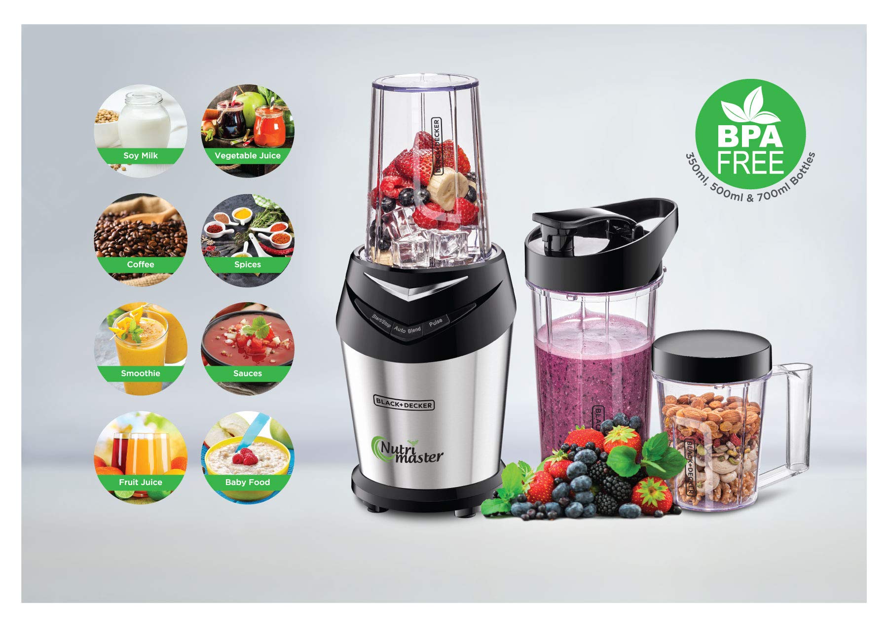 BLACK+DECKER 600W 700ml NutriMaster Blender/Smoothie Maker With 500ml and 300ml Travel Bottles Damage Box خلاط وصانع السموثي نيتري ماستر من بلاك اند ديكر بقوة 600 واط، يتكون من 3 برطمانات مع اغطية، فضي/اسود مفتوح الكارتون BLACK+DECKER 600W 700ml NutriMaster Blender/Smoothie Maker With 500ml and 300ml Travel Bottles Damage Box خلاط وصانع السموثي نيتري ماستر من بلاك اند ديكر بقوة 600 واط، يتكون من 3 برطمانات مع اغطية، فضي/اسود مفتوح الكارتون